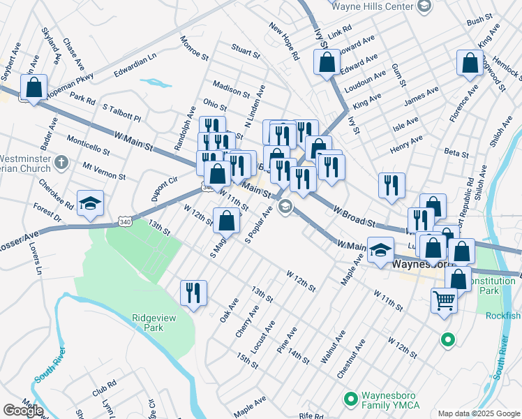 map of restaurants, bars, coffee shops, grocery stores, and more near 228 South Magnolia Avenue in Waynesboro