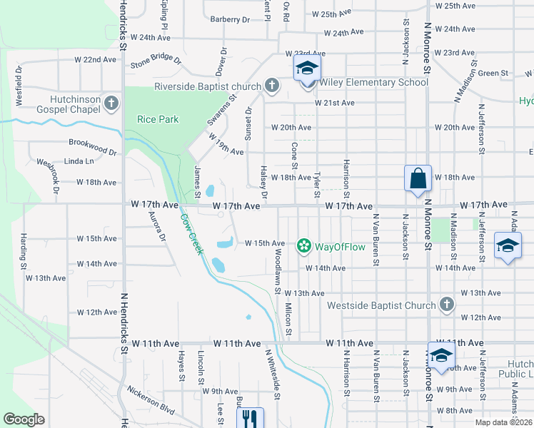 map of restaurants, bars, coffee shops, grocery stores, and more near 1004-1098 West 17th Avenue in Hutchinson
