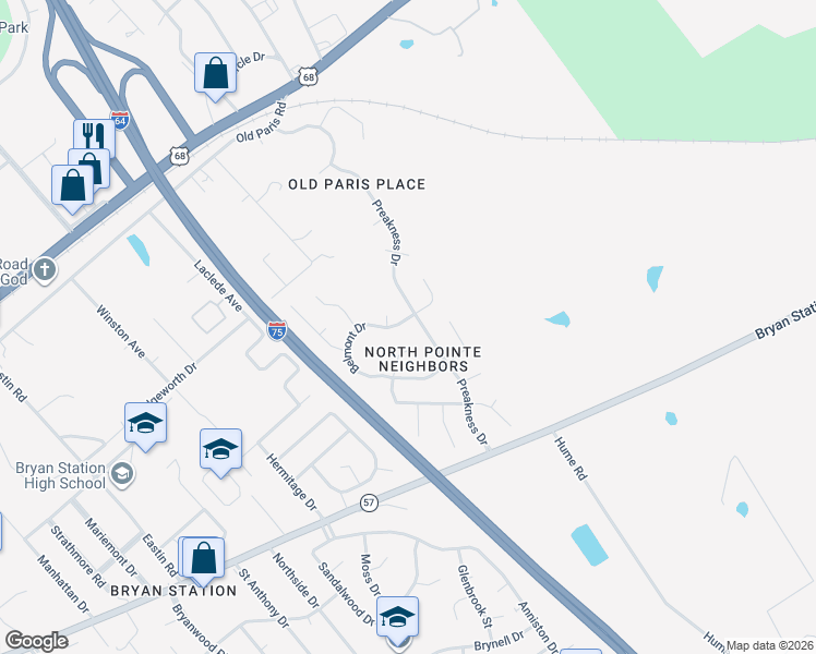 map of restaurants, bars, coffee shops, grocery stores, and more near 2200 Preakness Court in Lexington