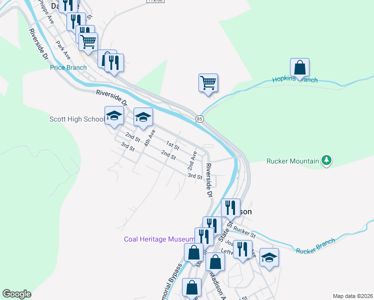 map of restaurants, bars, coffee shops, grocery stores, and more near Riverside Drive in Madison