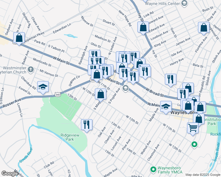 map of restaurants, bars, coffee shops, grocery stores, and more near 228 South Magnolia Avenue in Waynesboro