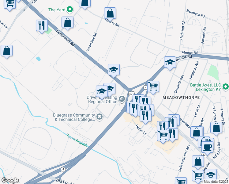 map of restaurants, bars, coffee shops, grocery stores, and more near 2010 Leestown Road in Lexington