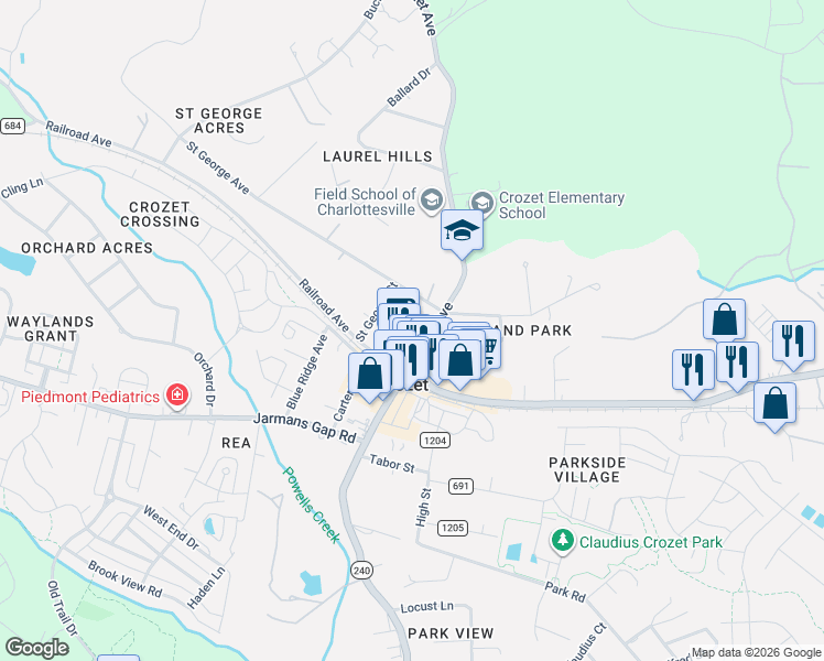 map of restaurants, bars, coffee shops, grocery stores, and more near 1282 Crozet Avenue in Crozet