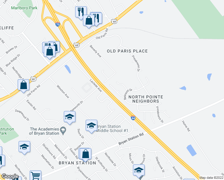 map of restaurants, bars, coffee shops, grocery stores, and more near 240 Fairgrounds Drive in Lexington