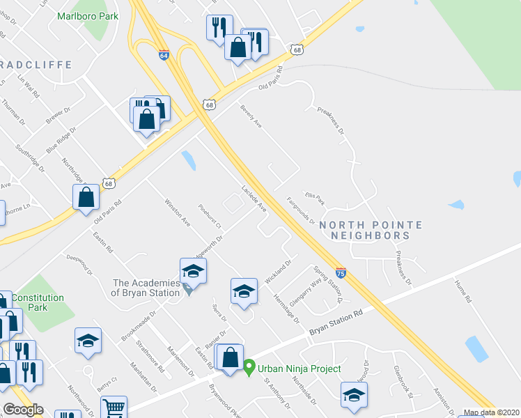 map of restaurants, bars, coffee shops, grocery stores, and more near 1976 Edgeworth Drive in Lexington