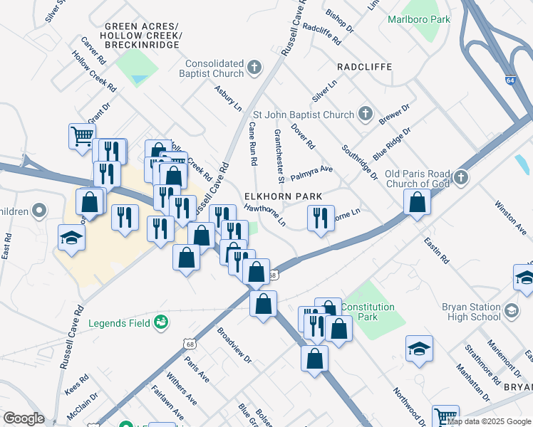 map of restaurants, bars, coffee shops, grocery stores, and more near 1702 Hawthorne Lane in Lexington