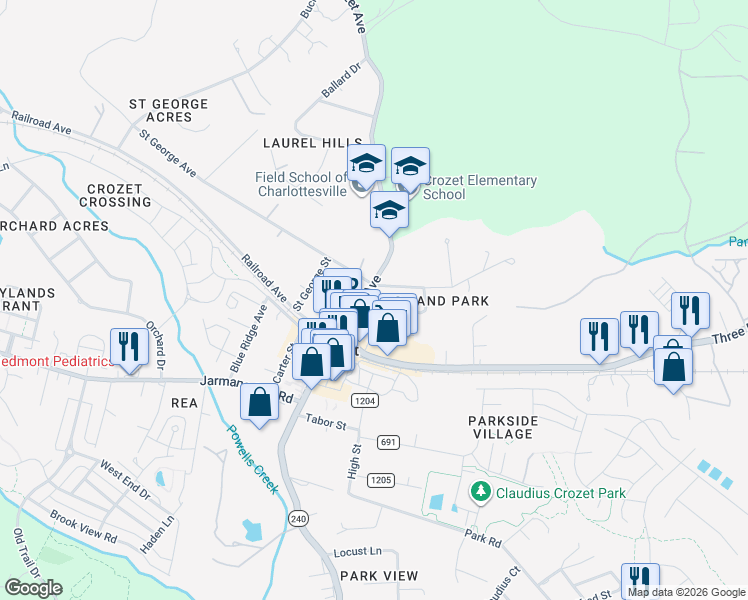 map of restaurants, bars, coffee shops, grocery stores, and more near 1295 Crozet Avenue in Crozet