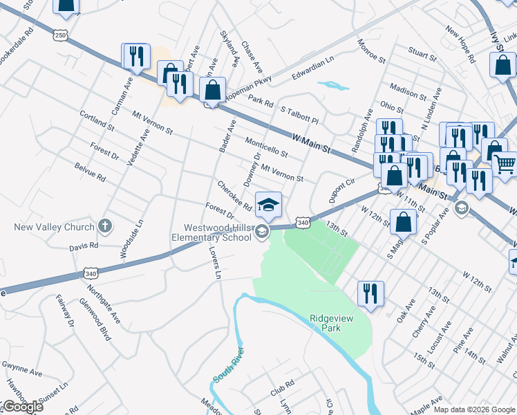 map of restaurants, bars, coffee shops, grocery stores, and more near 1817 Cherokee Road in Waynesboro