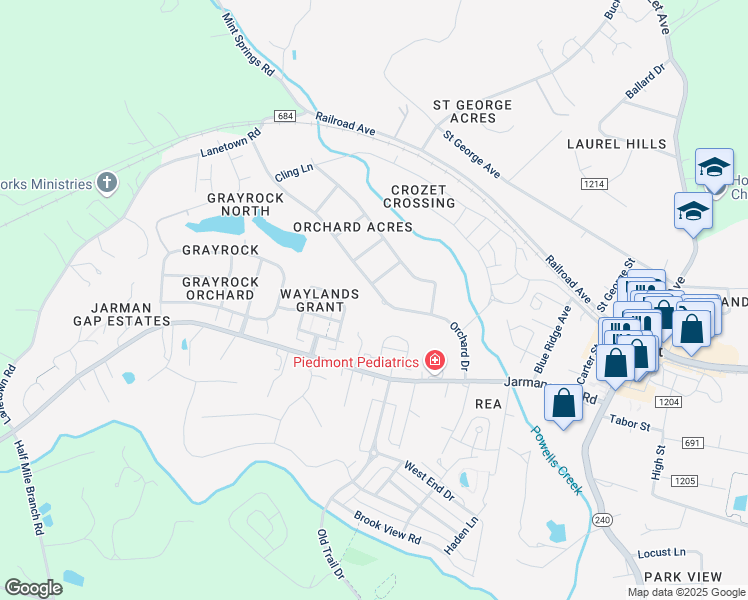 map of restaurants, bars, coffee shops, grocery stores, and more near 1249 Orchard Drive in Crozet