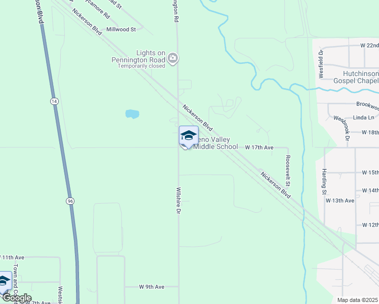 map of restaurants, bars, coffee shops, grocery stores, and more near 1616 Wilshire Drive in Hutchinson