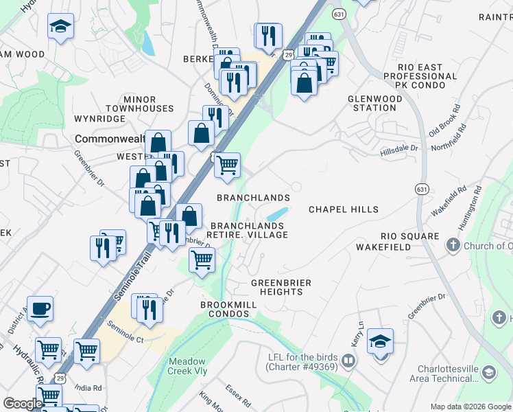 map of restaurants, bars, coffee shops, grocery stores, and more near 1434 Lilac Court in Charlottesville