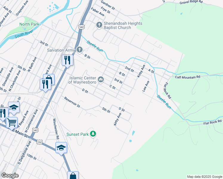 map of restaurants, bars, coffee shops, grocery stores, and more near 1408 C Street in Waynesboro