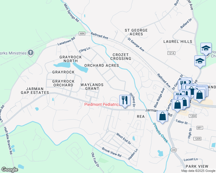map of restaurants, bars, coffee shops, grocery stores, and more near 1249 Orchard Drive in Crozet