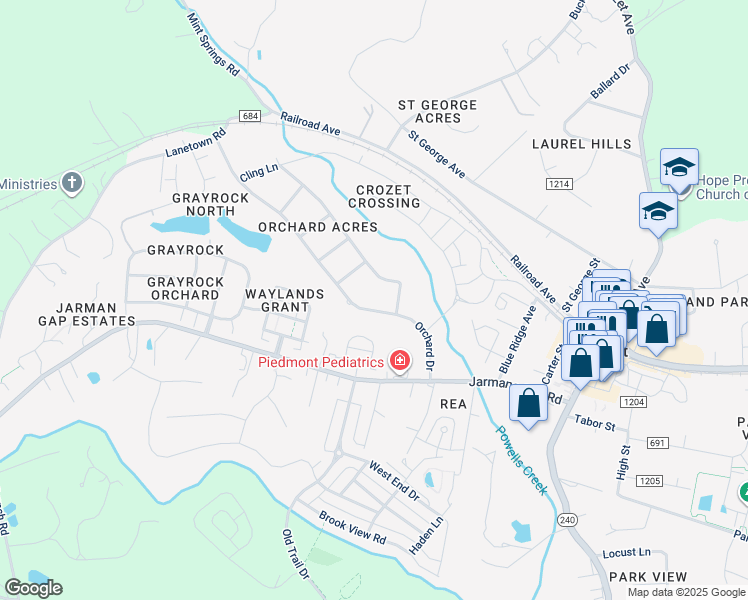 map of restaurants, bars, coffee shops, grocery stores, and more near 1234 Orchard Drive in Crozet