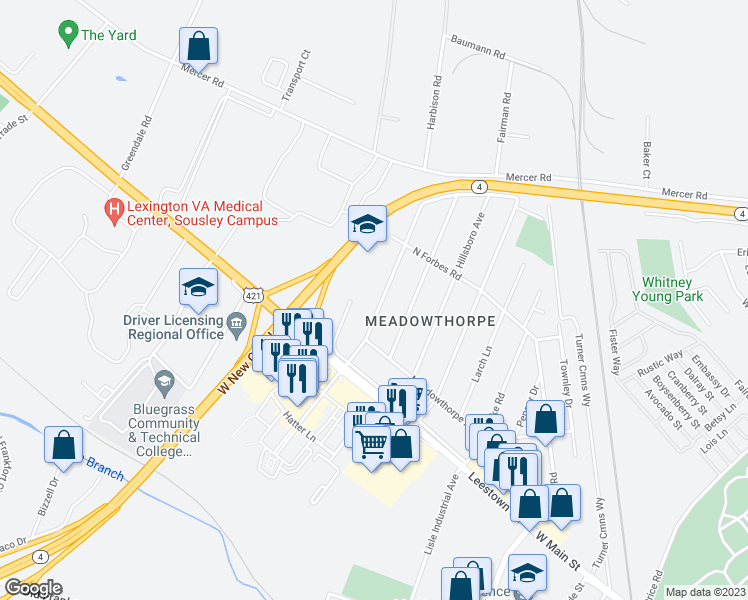 map of restaurants, bars, coffee shops, grocery stores, and more near 253 Taylor Drive in Lexington