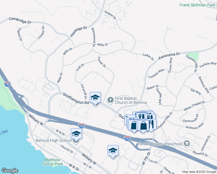 map of restaurants, bars, coffee shops, grocery stores, and more near 419 Turner Drive in Benicia