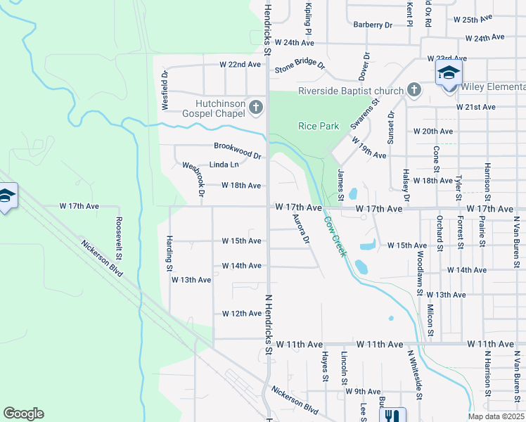 map of restaurants, bars, coffee shops, grocery stores, and more near 1629 Hendricks Street in Hutchinson