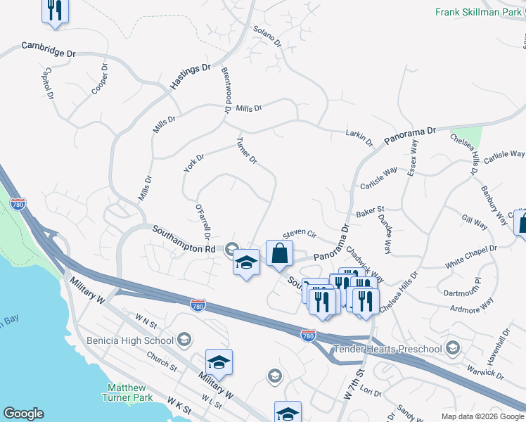 map of restaurants, bars, coffee shops, grocery stores, and more near 419 Turner Drive in Benicia