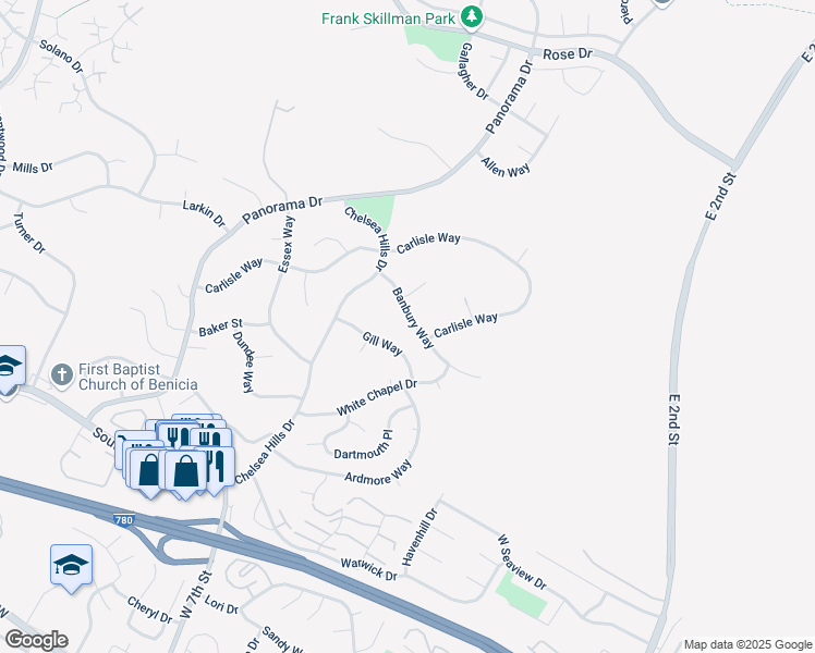 map of restaurants, bars, coffee shops, grocery stores, and more near 123 Banbury Way in Benicia