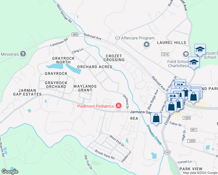 map of restaurants, bars, coffee shops, grocery stores, and more near 1238 Orchard Drive in Crozet