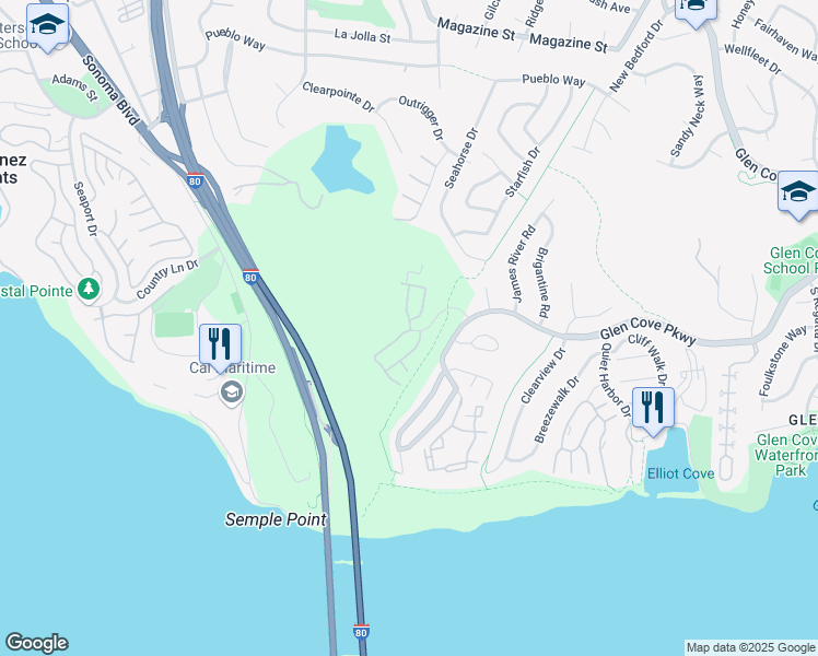 map of restaurants, bars, coffee shops, grocery stores, and more near 100 Bayhurst Drive in Vallejo