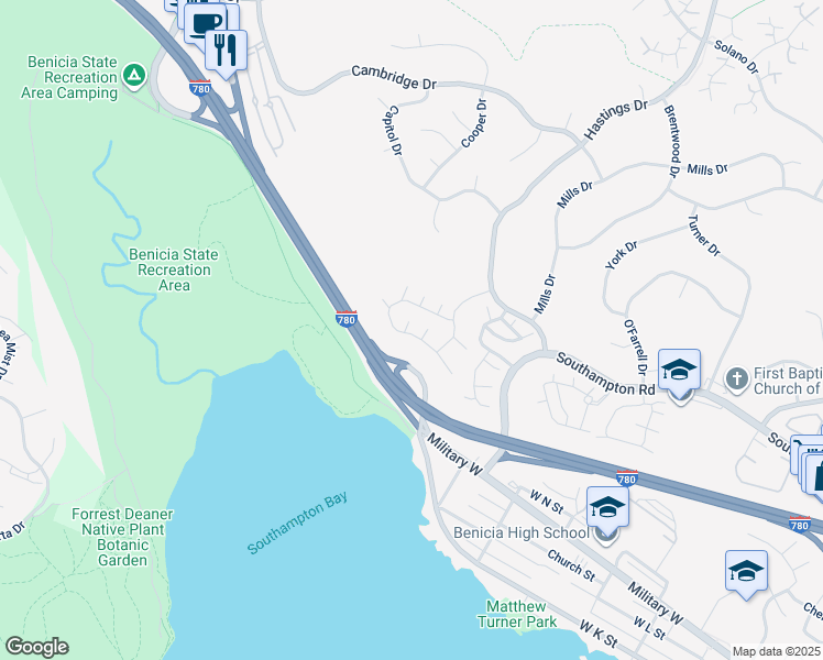 map of restaurants, bars, coffee shops, grocery stores, and more near 1527 London Circle in Benicia