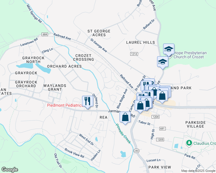 map of restaurants, bars, coffee shops, grocery stores, and more near 4454 Alston Street in Crozet