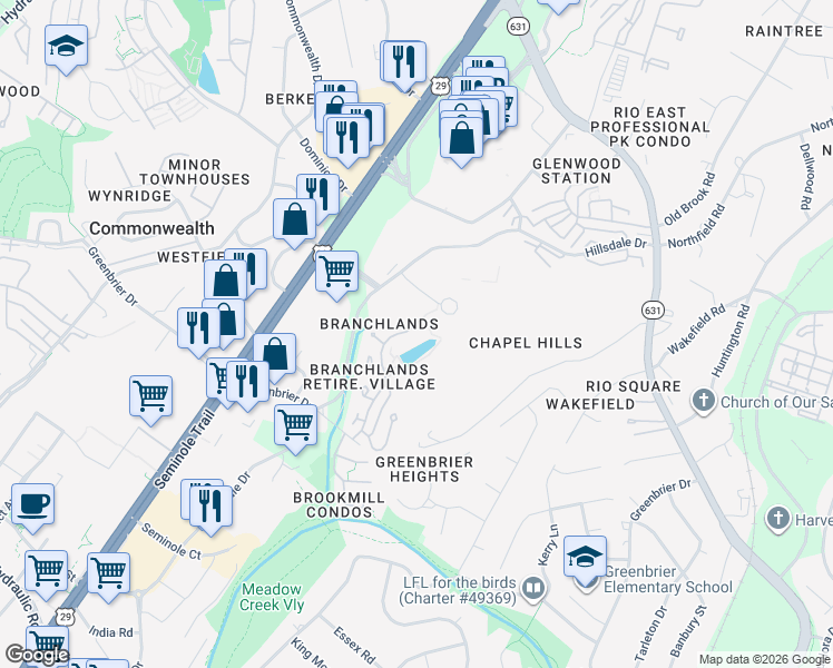 map of restaurants, bars, coffee shops, grocery stores, and more near 1289 Branchlands Drive in Charlottesville