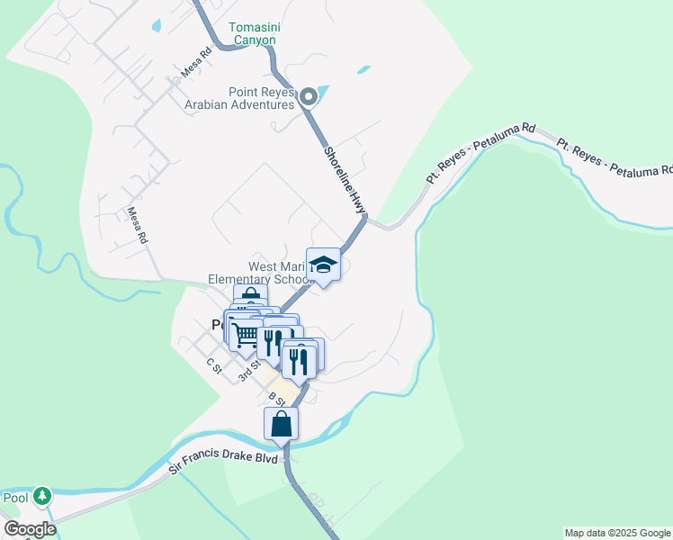 map of restaurants, bars, coffee shops, grocery stores, and more near 11560 California 1 in Point Reyes Station