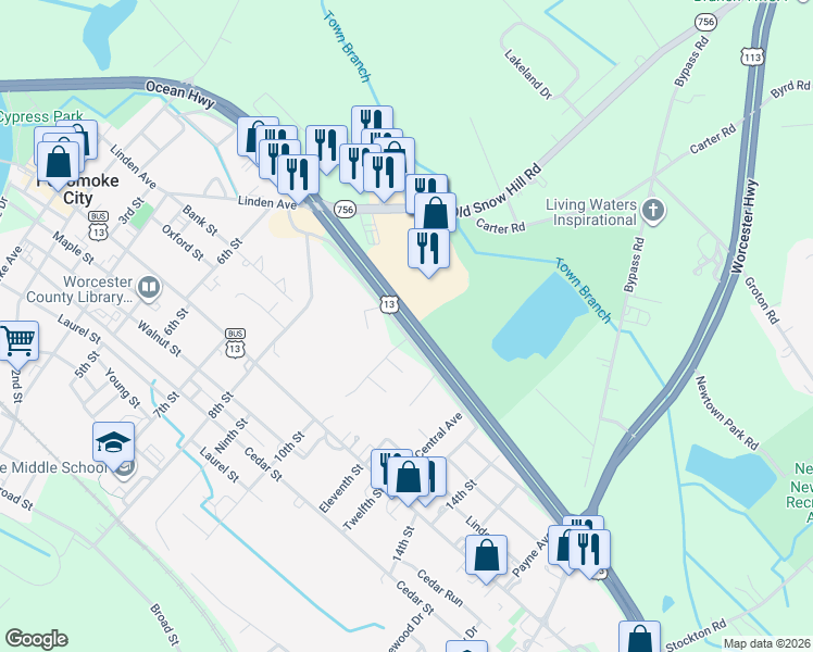 map of restaurants, bars, coffee shops, grocery stores, and more near in Pocomoke City