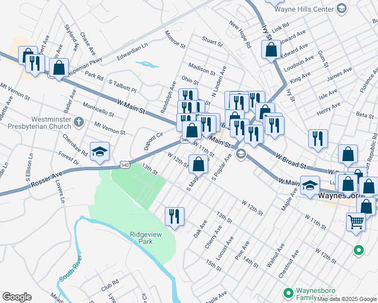 map of restaurants, bars, coffee shops, grocery stores, and more near 340 South Laurel Avenue in Waynesboro