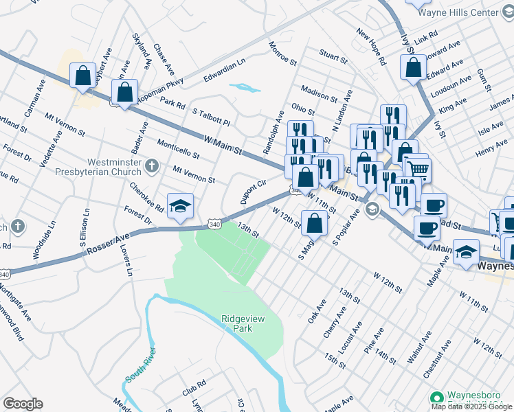 map of restaurants, bars, coffee shops, grocery stores, and more near West 12th Street in Waynesboro