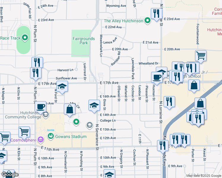 map of restaurants, bars, coffee shops, grocery stores, and more near 1611 Baker Street in Hutchinson