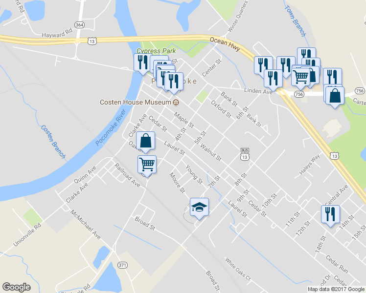 map of restaurants, bars, coffee shops, grocery stores, and more near 406 Cedar Street in Pocomoke City