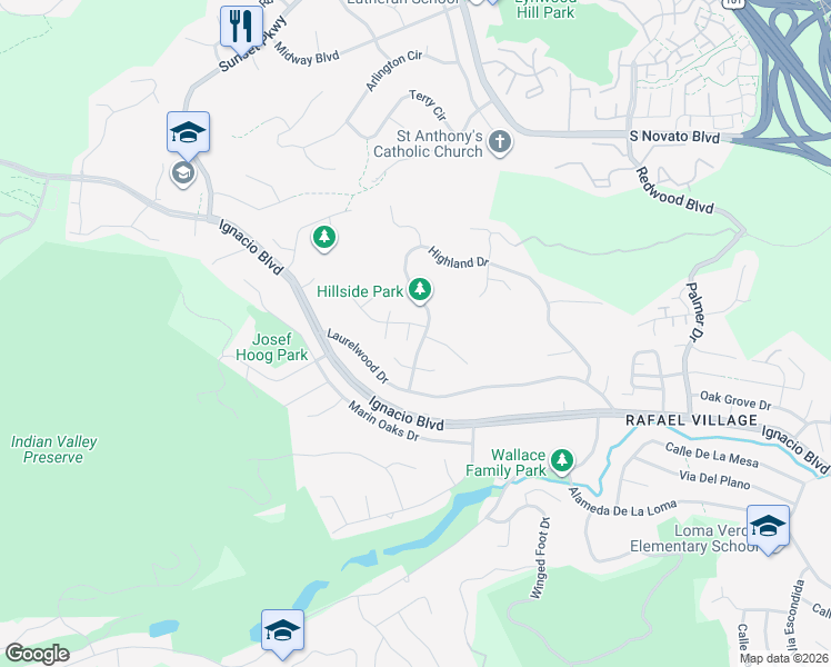 map of restaurants, bars, coffee shops, grocery stores, and more near 105 Aaron Court in Novato