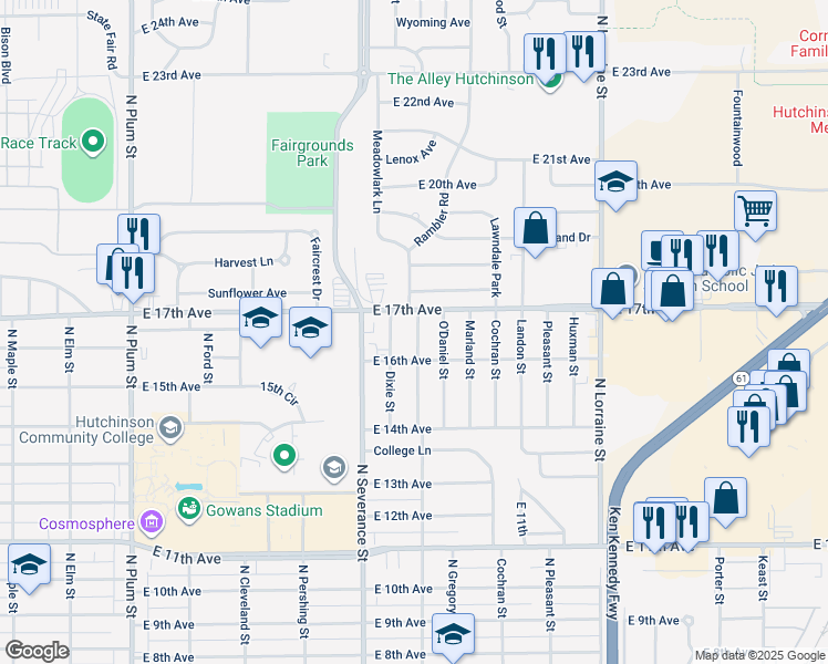 map of restaurants, bars, coffee shops, grocery stores, and more near 1611 Baker Street in Hutchinson