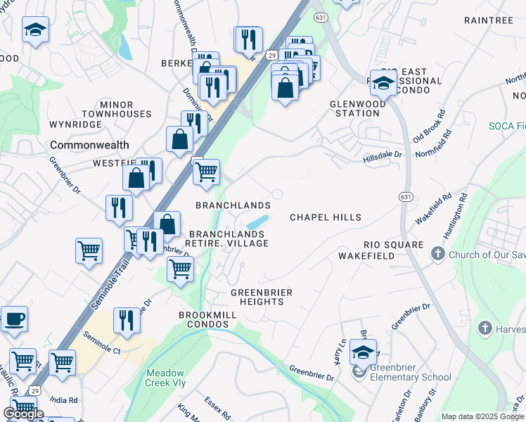 map of restaurants, bars, coffee shops, grocery stores, and more near 1289 Branchlands Drive in Charlottesville