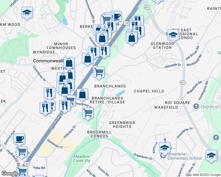 map of restaurants, bars, coffee shops, grocery stores, and more near 1434 Lilac Court in Charlottesville