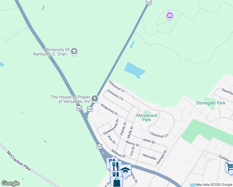 map of restaurants, bars, coffee shops, grocery stores, and more near 361 Princess Circle in Versailles