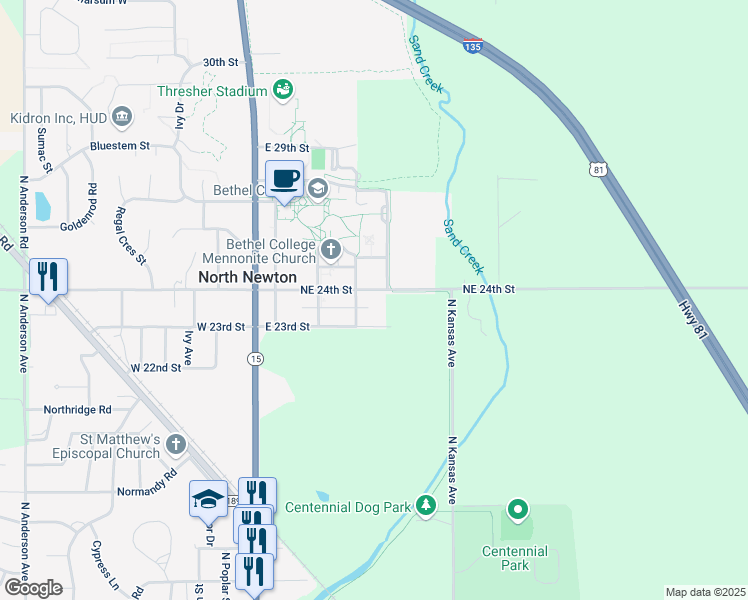 map of restaurants, bars, coffee shops, grocery stores, and more near 409 East 24th Street in Newton