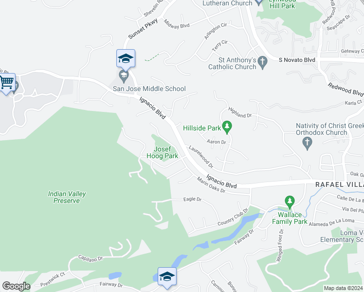 map of restaurants, bars, coffee shops, grocery stores, and more near Ignacio Boulevard & Laurelwood Drive in Novato