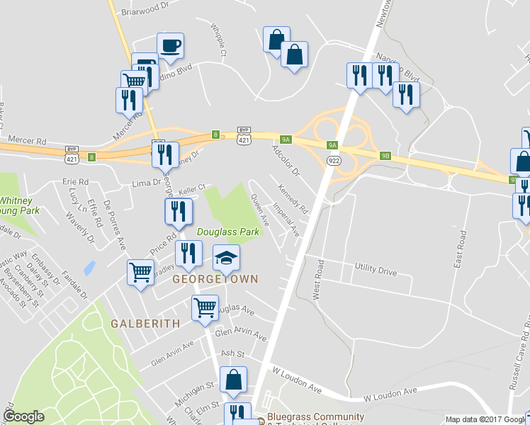 map of restaurants, bars, coffee shops, grocery stores, and more near 20 Queen Avenue in Lexington