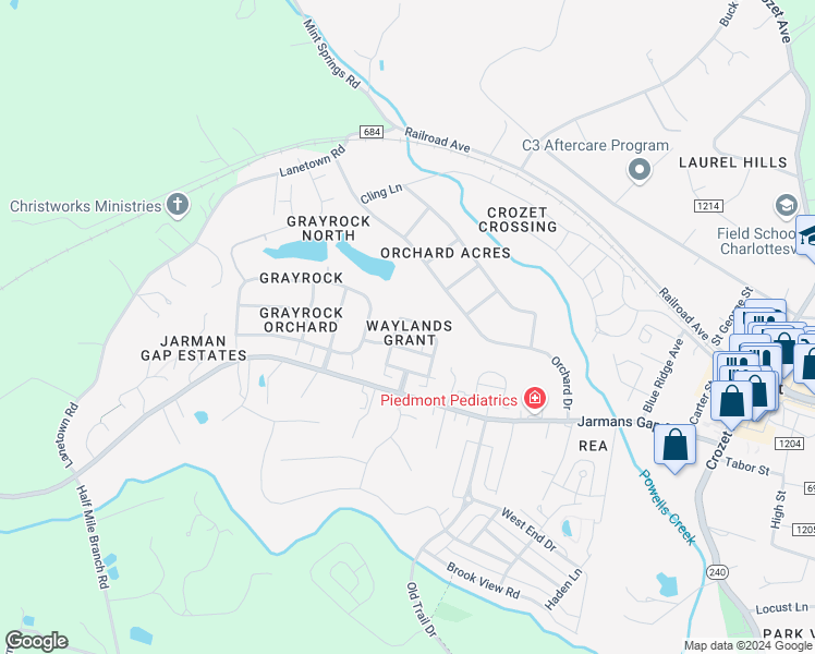 map of restaurants, bars, coffee shops, grocery stores, and more near 1887 Clay Drive in Crozet