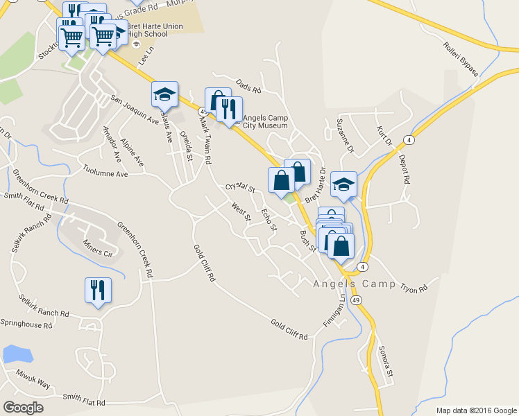 map of restaurants, bars, coffee shops, grocery stores, and more near 1050 Echo Street in Angels Camp