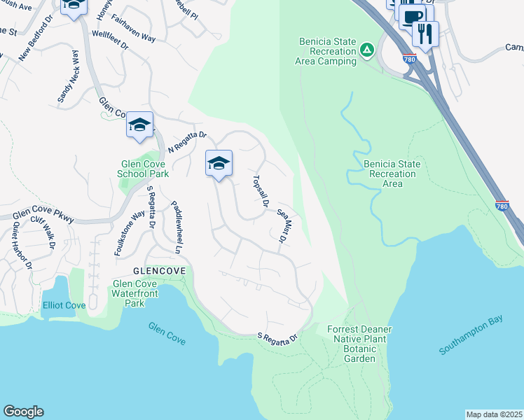 map of restaurants, bars, coffee shops, grocery stores, and more near 525 Topsail Drive in Vallejo