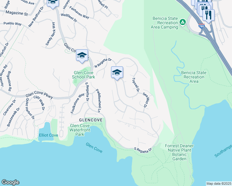 map of restaurants, bars, coffee shops, grocery stores, and more near 547 North Regatta Drive in Vallejo