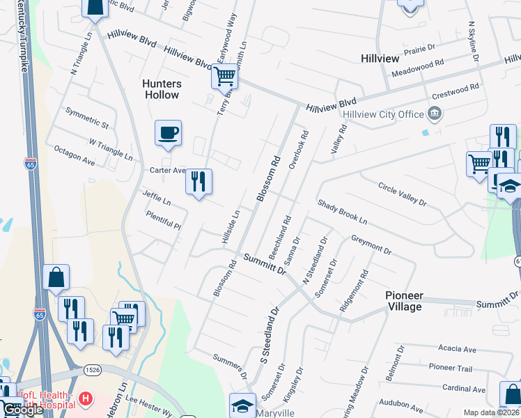 map of restaurants, bars, coffee shops, grocery stores, and more near 472 Blossom Road in Louisville