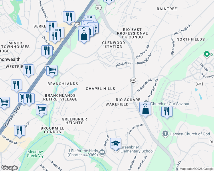 map of restaurants, bars, coffee shops, grocery stores, and more near 780 Chapel Hill Rd in Charlottesville