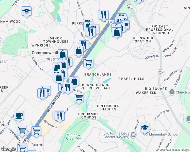 map of restaurants, bars, coffee shops, grocery stores, and more near 1434 Lilac Court in Charlottesville