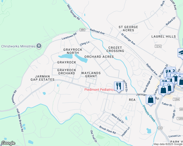 map of restaurants, bars, coffee shops, grocery stores, and more near 1875 Clay Drive in Crozet